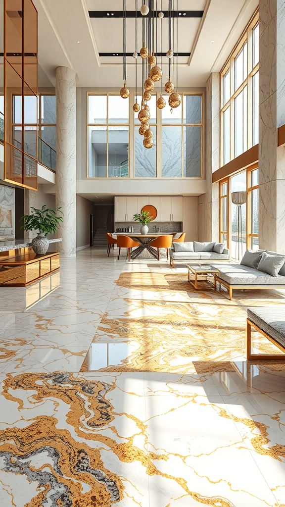 Luxurious Art Deco inspired epoxy floor with gold and black patterns in a modern interior