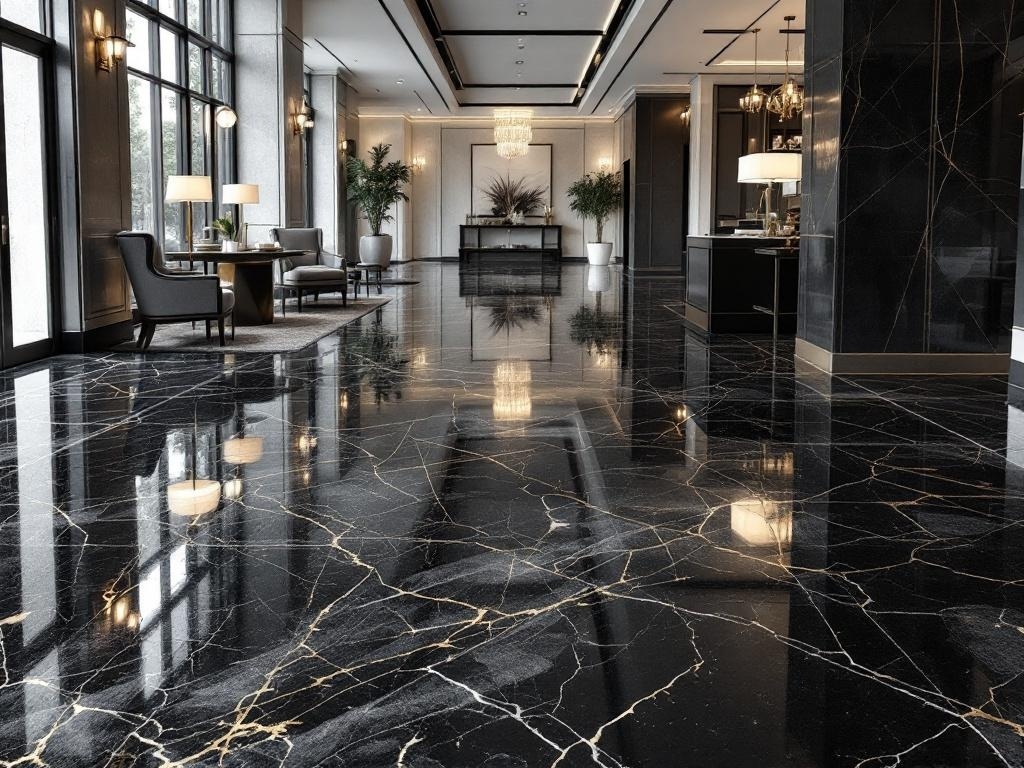 A luxurious Art Deco inspired epoxy floor with a black surface and gold veining in a modern interior space.