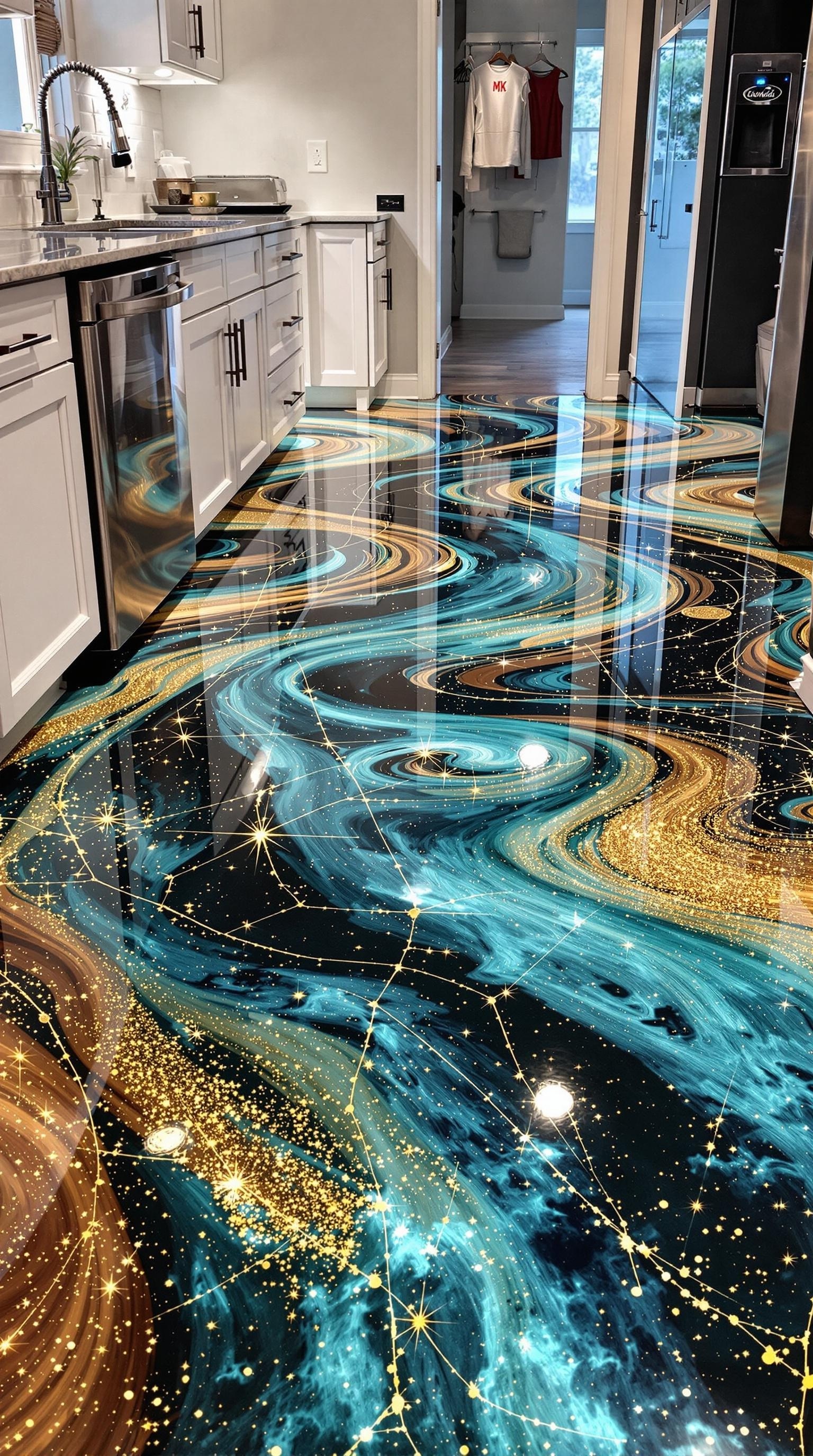 A kitchen with a stunning galaxy-themed epoxy floor featuring swirling blue and gold designs.