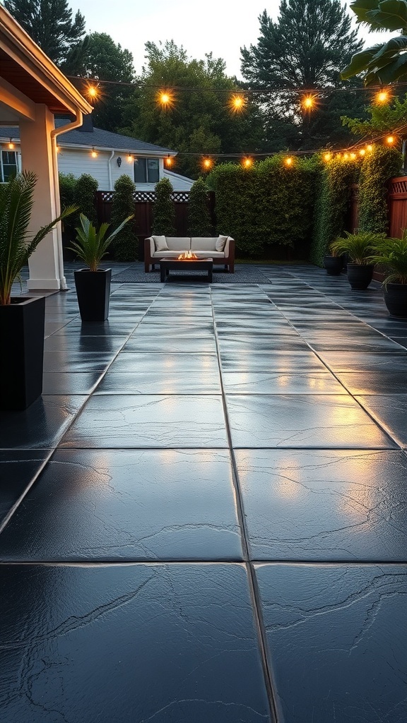 A beautifully designed black epoxy stained concrete patio with natural patterns, illuminated by string lights.
