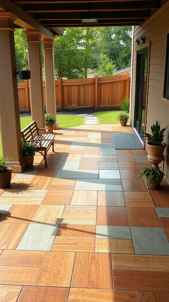 A beautiful patio with colored epoxy concrete featuring a mix of earthy tones and textures, surrounded by greenery.