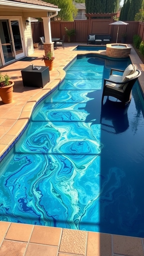 A stunning pool area featuring a vibrant blue epoxy river design, showcasing artistic patterns and a modern outdoor space.