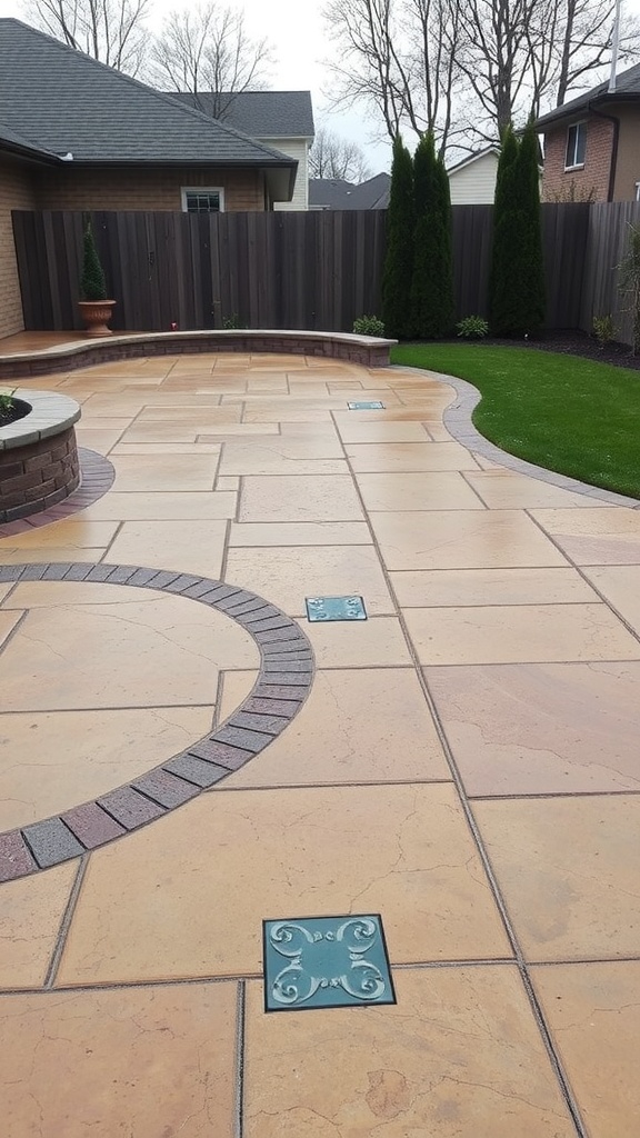 A dark gray stamped concrete patio with artistic inlays and a color palette for design inspiration.