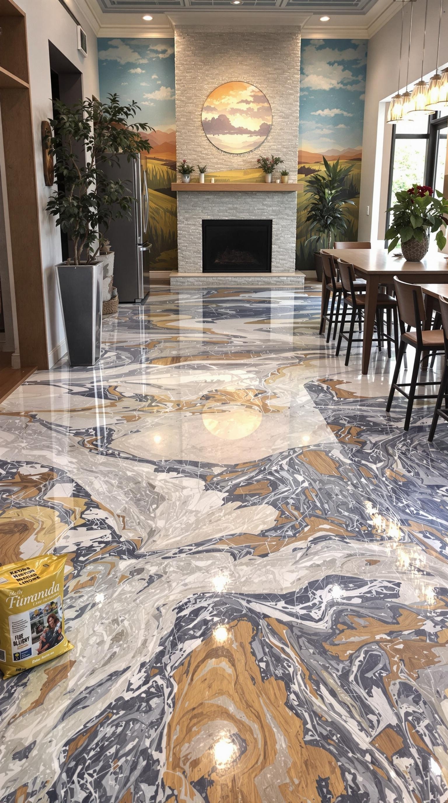 Artistic mural epoxy floor with a marble-like design and a cozy atmosphere.