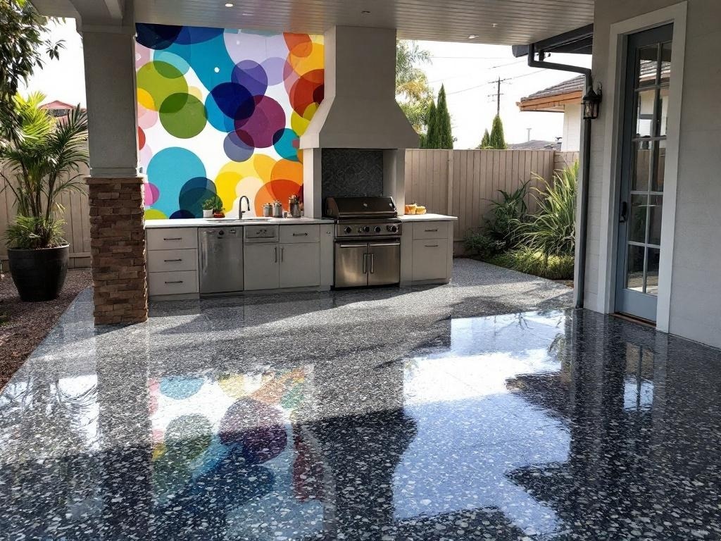 An outdoor barbecue station with a colorful mural and glossy epoxy flooring.