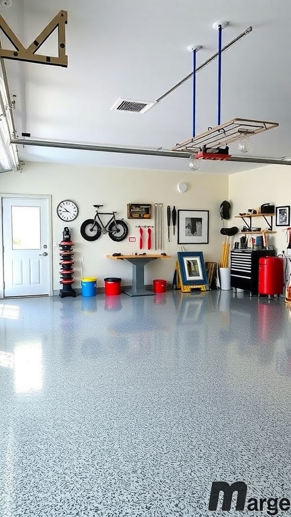 A garage workshop with a glossy epoxy floor featuring artistic murals and organized tools.