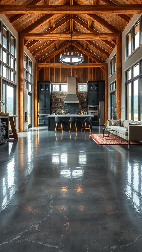 Modern barndominium interior with polished epoxy flooring and wooden beams