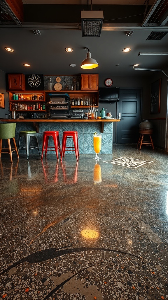 Artistic splatter design on an epoxy floor in a garage bar setting