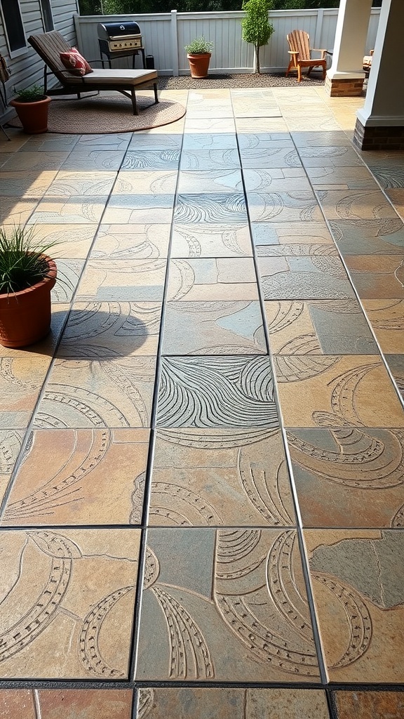 A beautifully designed patio featuring artistic stamped concrete patterns.