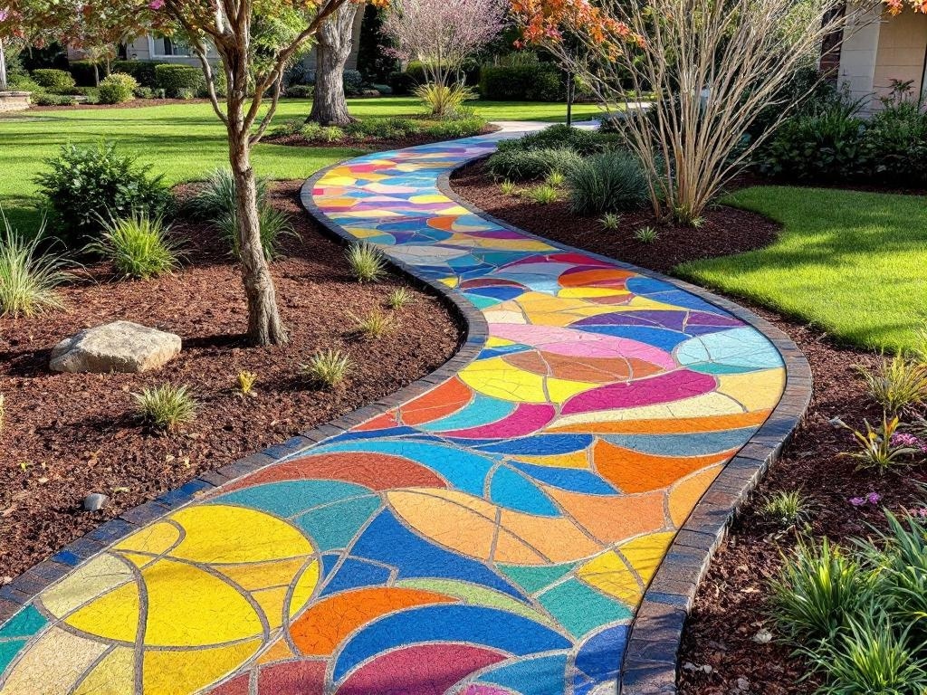 Colorful stamped concrete pathway winding through a landscaped yard