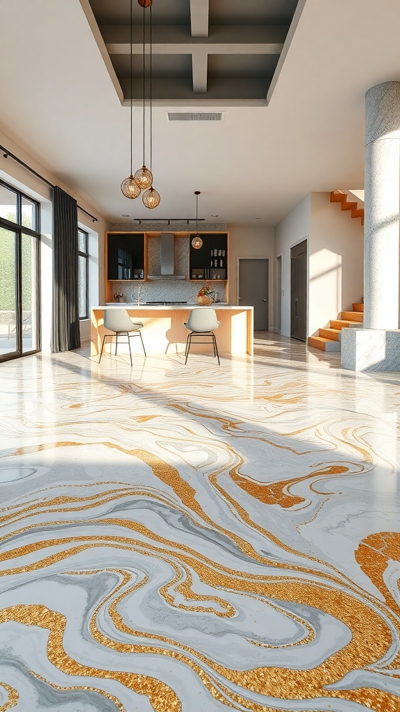 A modern kitchen with artistic swirl patterns in gray and gold epoxy flooring.
