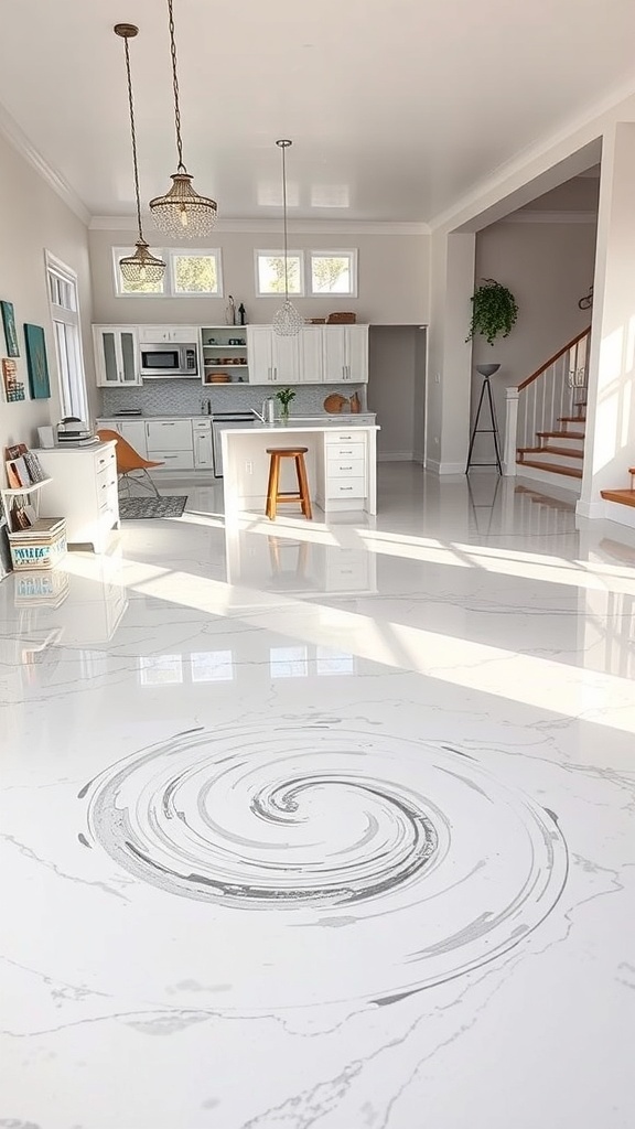 A modern kitchen with a poured epoxy floor featuring artistic swirls.