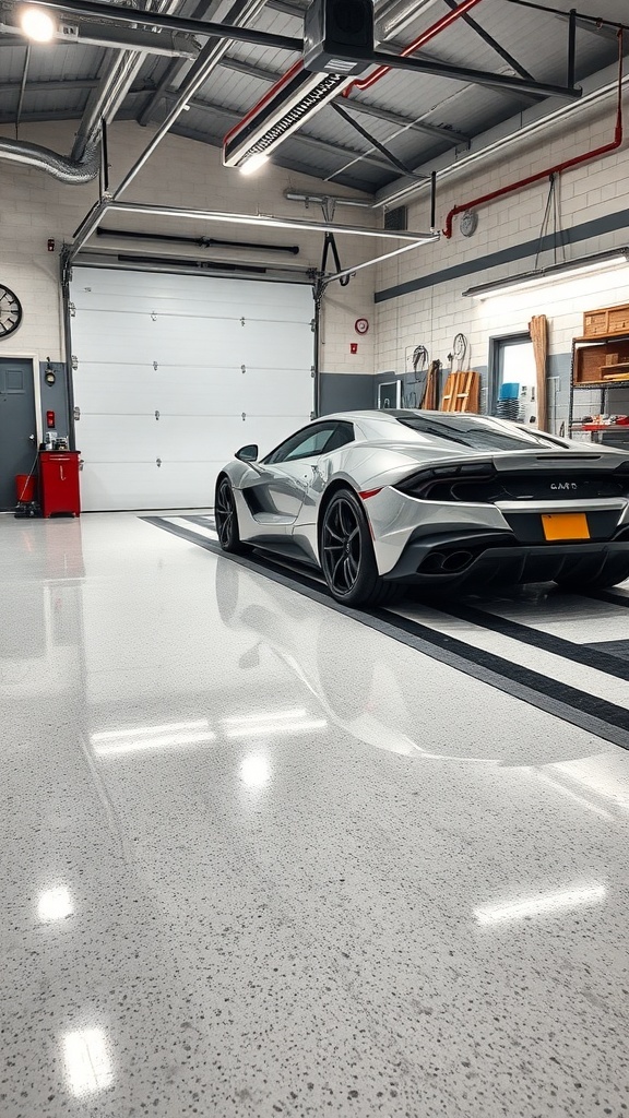 A sleek car parked on a glossy epoxy floor in a modern garage.