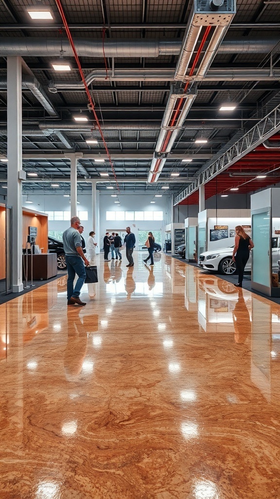 A commercial space with a shiny brown metallic epoxy floor, showcasing its reflective surface and high traffic.
