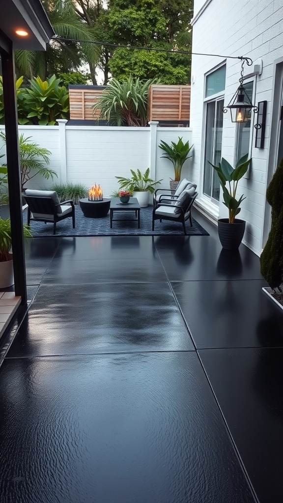 A sleek black epoxy patio with modern furniture and greenery.