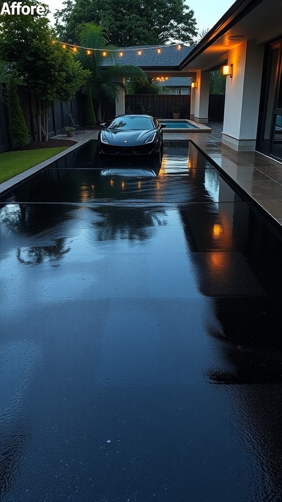 A sleek black epoxy concrete patio with outdoor lighting and a luxury car parked on it.