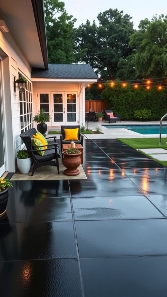 A modern patio featuring a sleek black epoxy floor and colorful outdoor furniture.