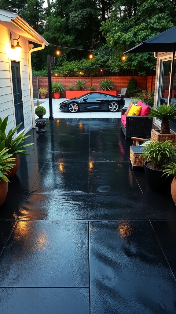 A sleek black epoxy patio with colorful seating and outdoor lights.