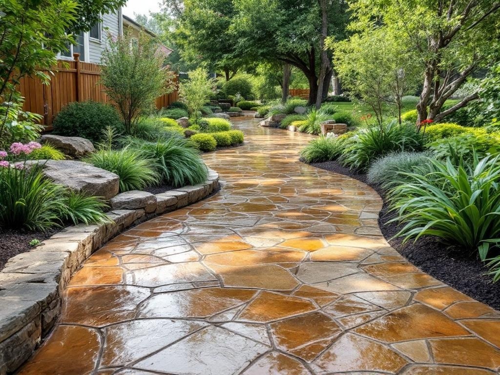 A winding stamped concrete pathway surrounded by lush greenery and flowers.