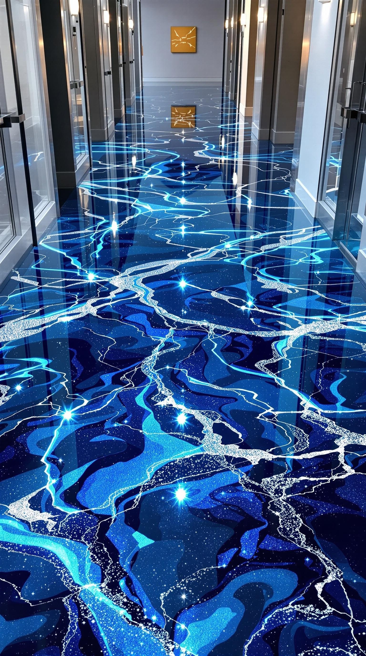 A hallway featuring a glossy blue metallic epoxy floor with intricate patterns.