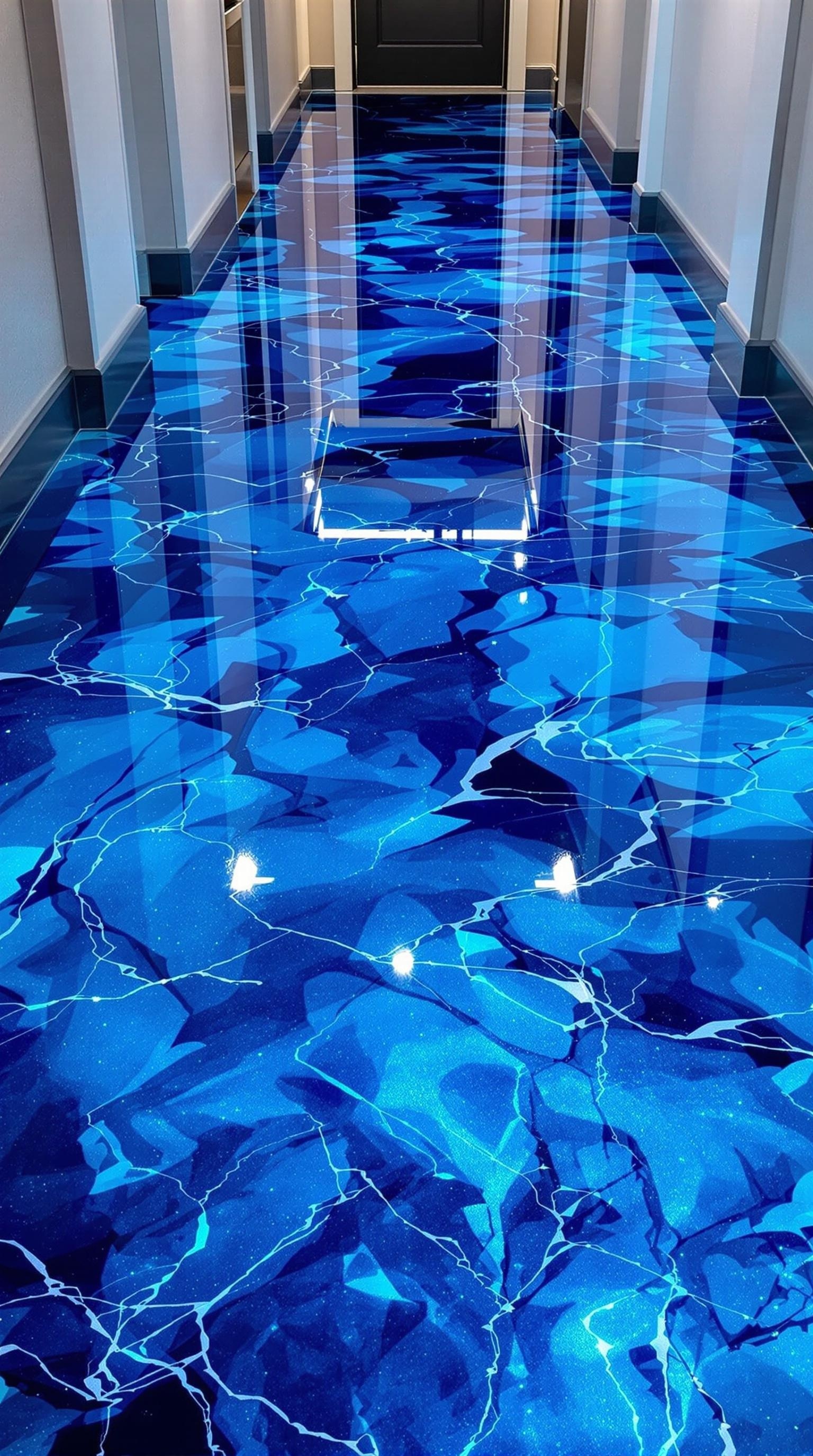 A hallway featuring a glossy blue floral pattern epoxy floor.