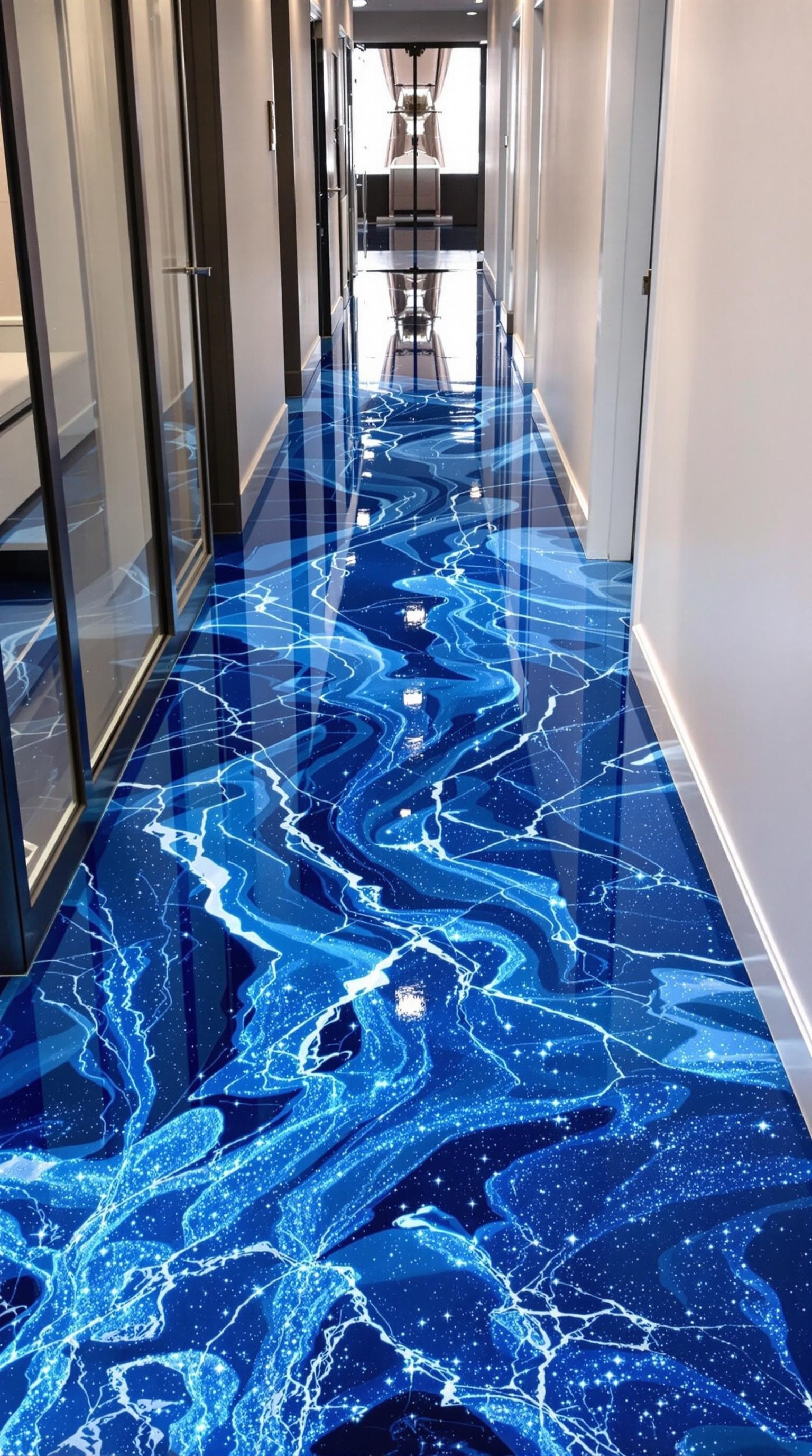 A hallway featuring a glossy blue glitter epoxy floor with ocean-inspired patterns.