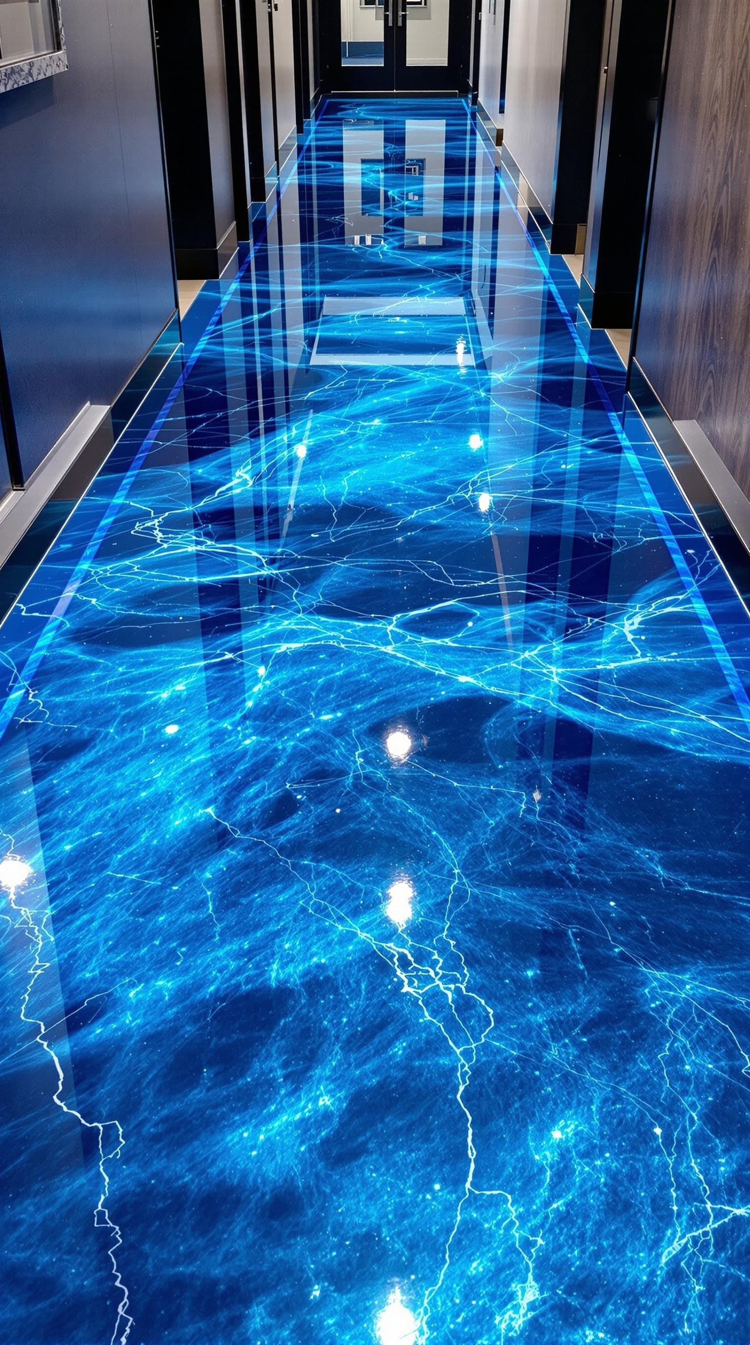 A hallway featuring a glossy blue epoxy floor with ocean-like patterns.