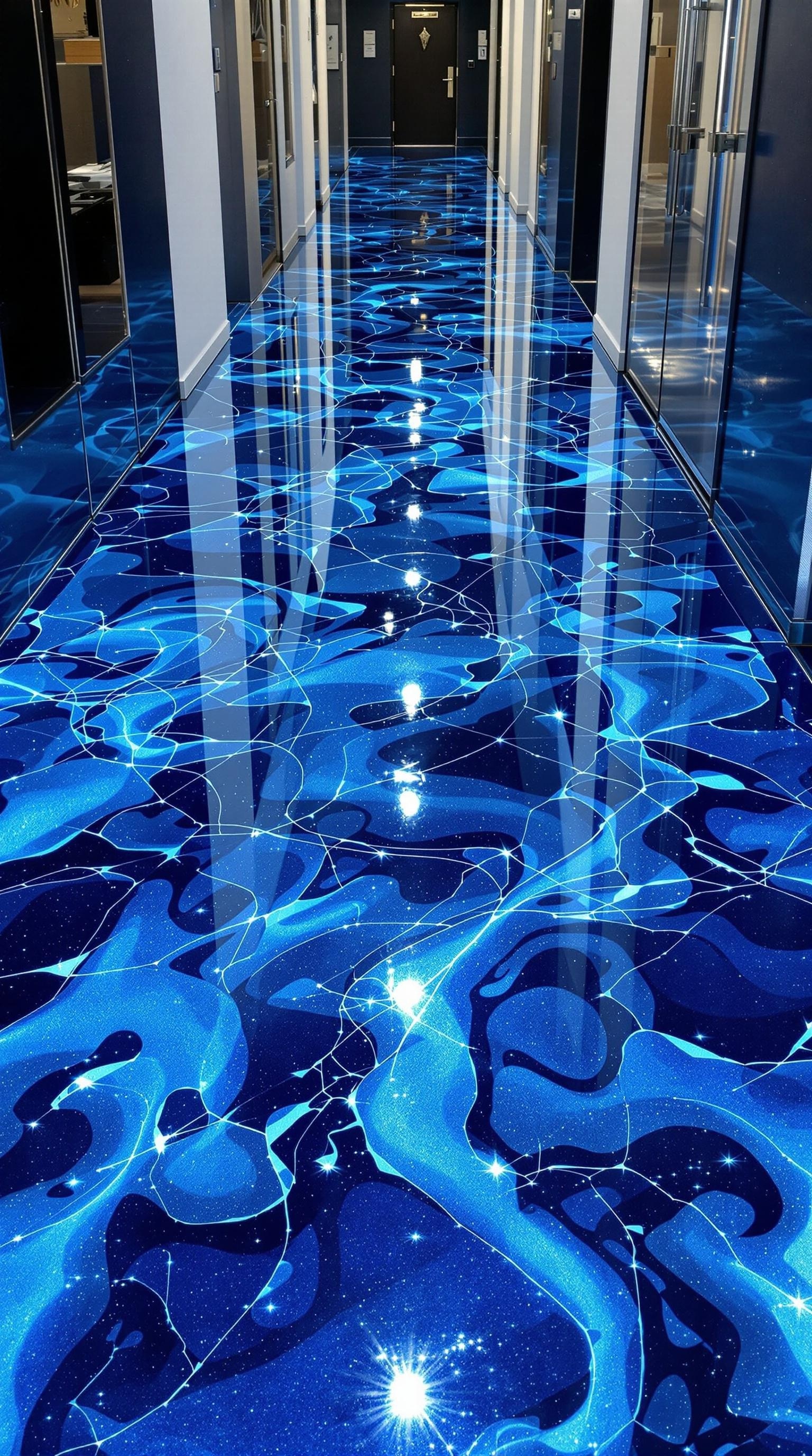 A hallway featuring a glossy blue mosaic epoxy floor design.