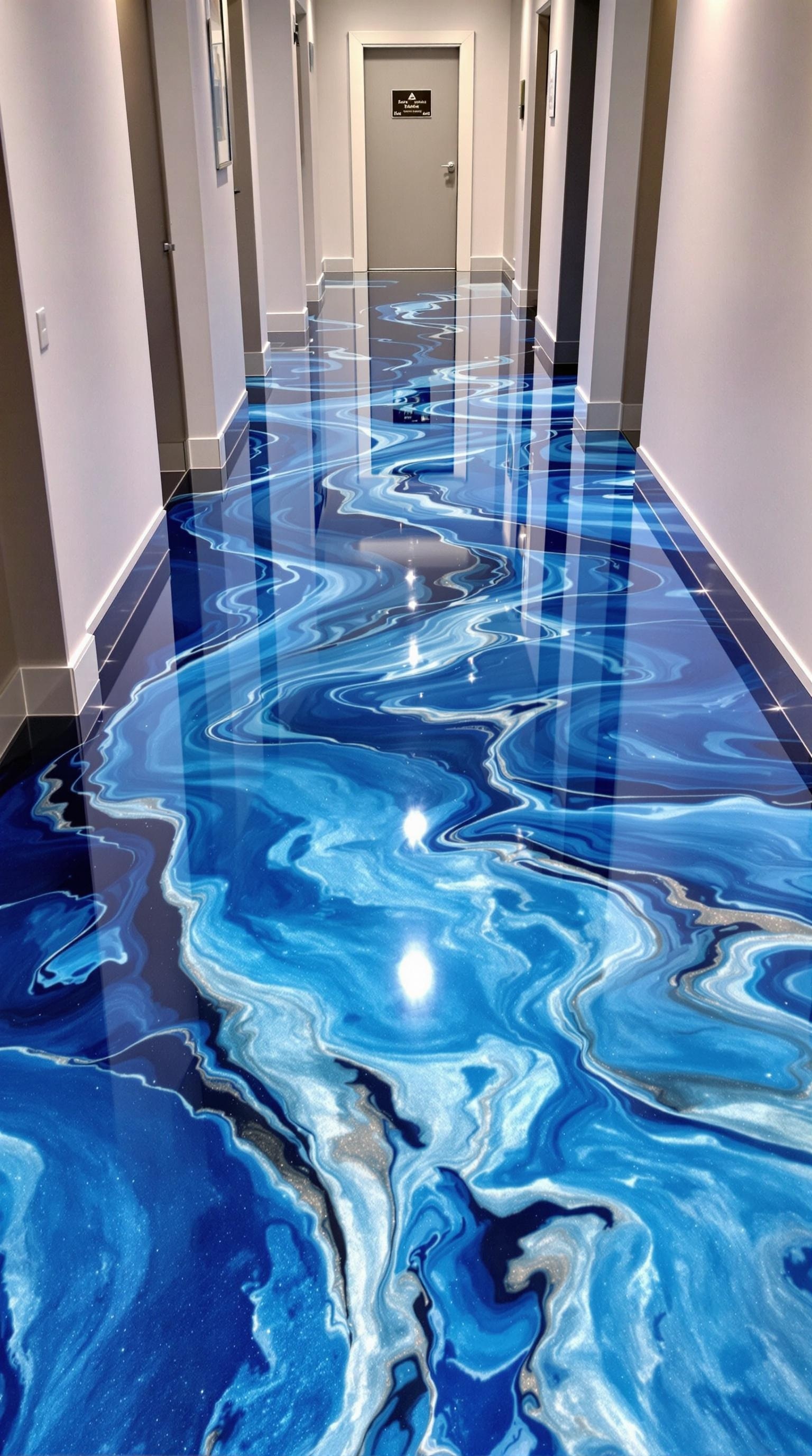 A hallway with a beautiful blue ombre epoxy floor design, showcasing shades of blue and white.