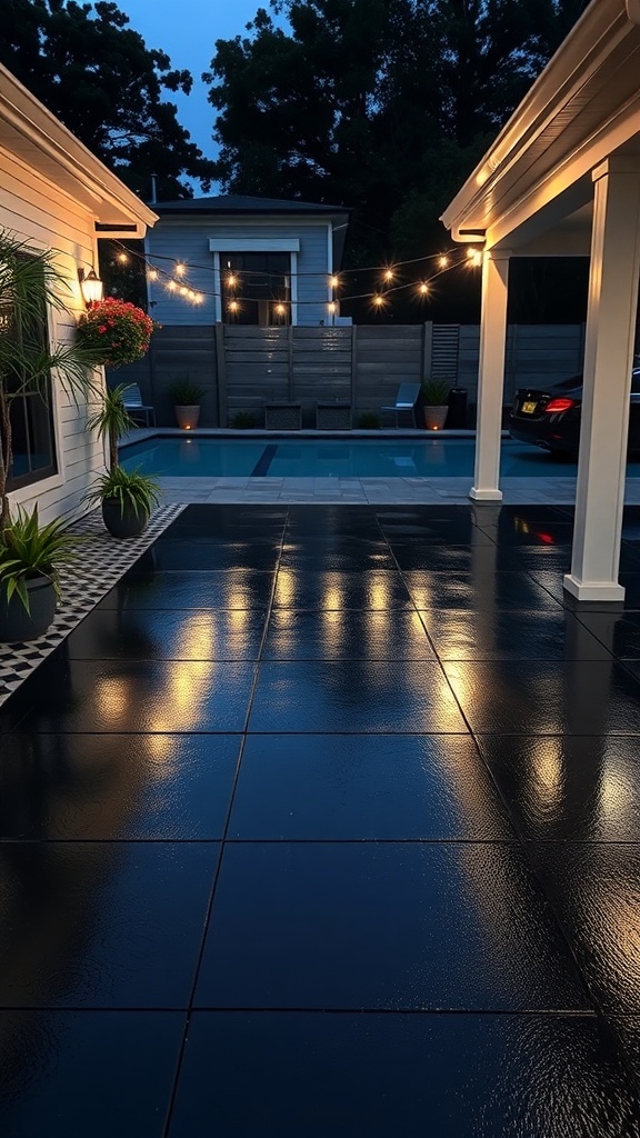 A beautifully lit black epoxy patio with a glossy finish, surrounded by plants and ambient lighting.