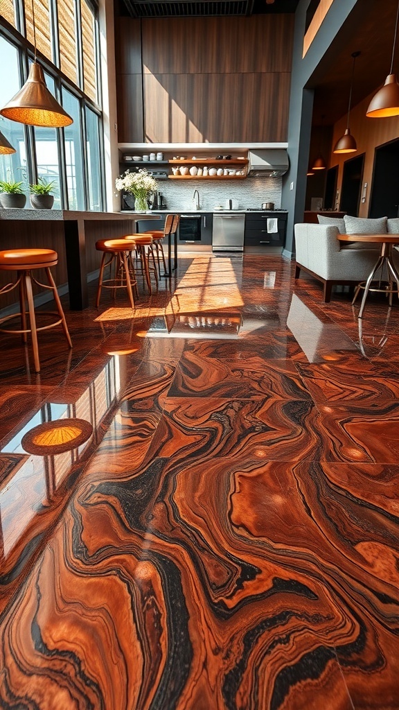A modern kitchen featuring a luxurious copper metallic epoxy floor with rich, swirling patterns.