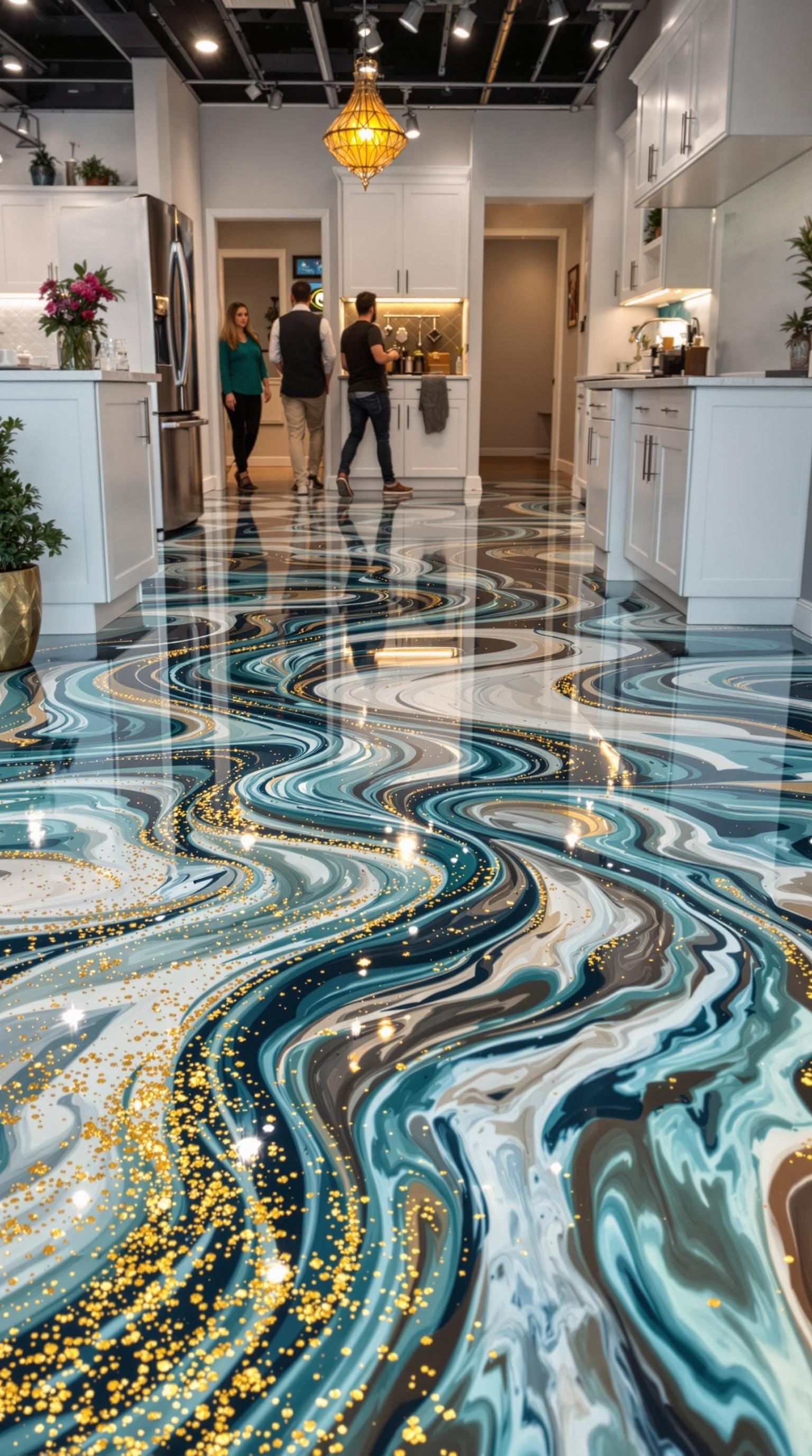 A beautifully designed epoxy floor with swirling patterns in blue, white, and gold glitter, set in a modern kitchen space.