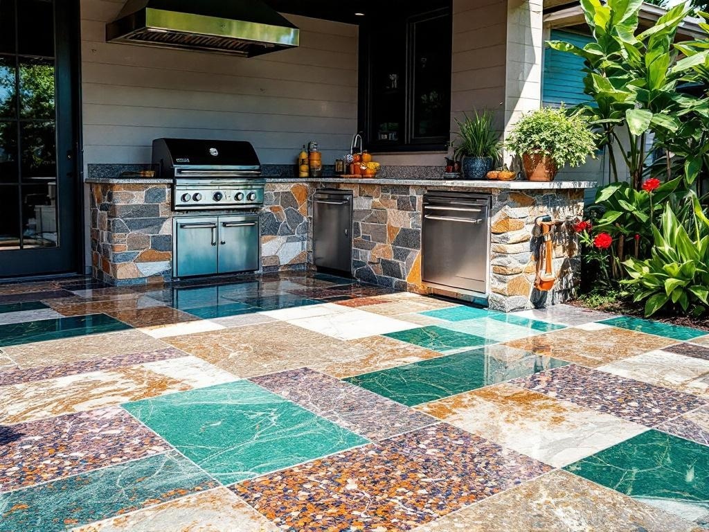 A vibrant epoxy outdoor kitchen floor with bold color combinations, featuring a grill station and stone countertops.