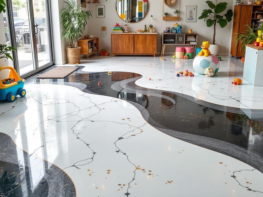 A vibrant epoxy floor design featuring black and white flowing patterns with playful accents in a modern interior.