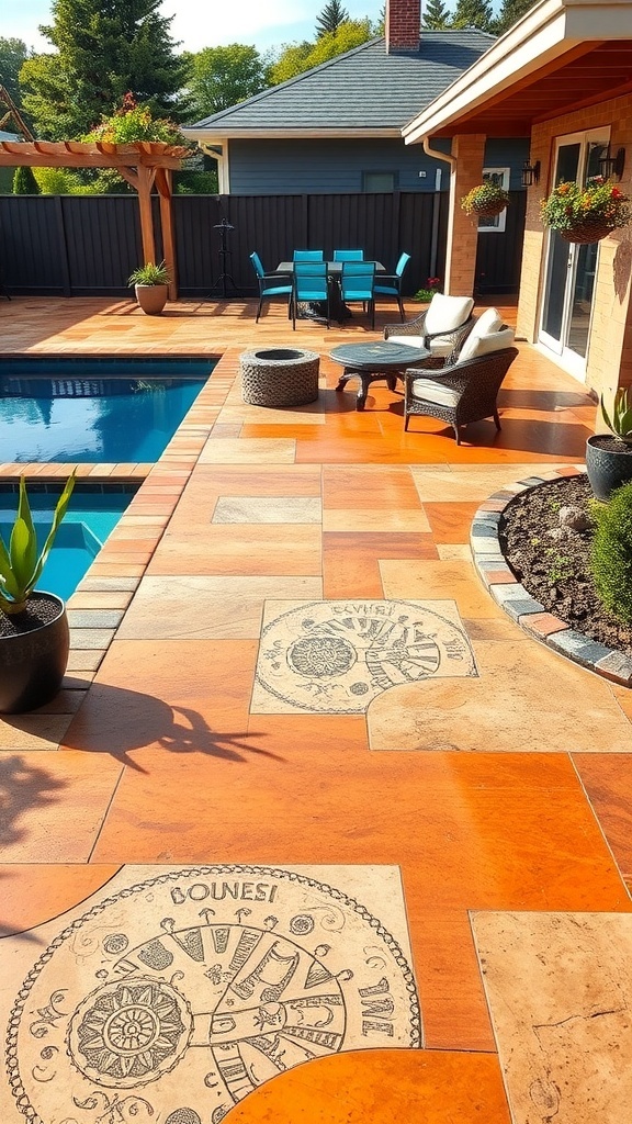 A beautifully designed patio featuring a mix of warm epoxy colors and stamped concrete patterns, with a pool and outdoor seating.