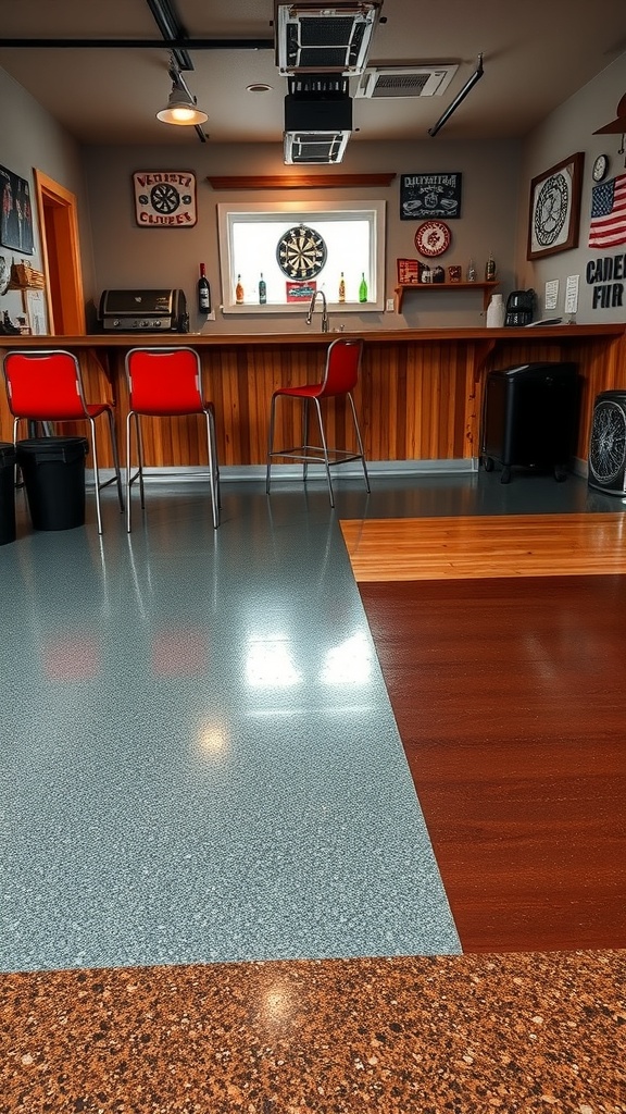 A stylish indoor garage bar featuring polished epoxy flooring, red chairs, and a rustic bar counter.