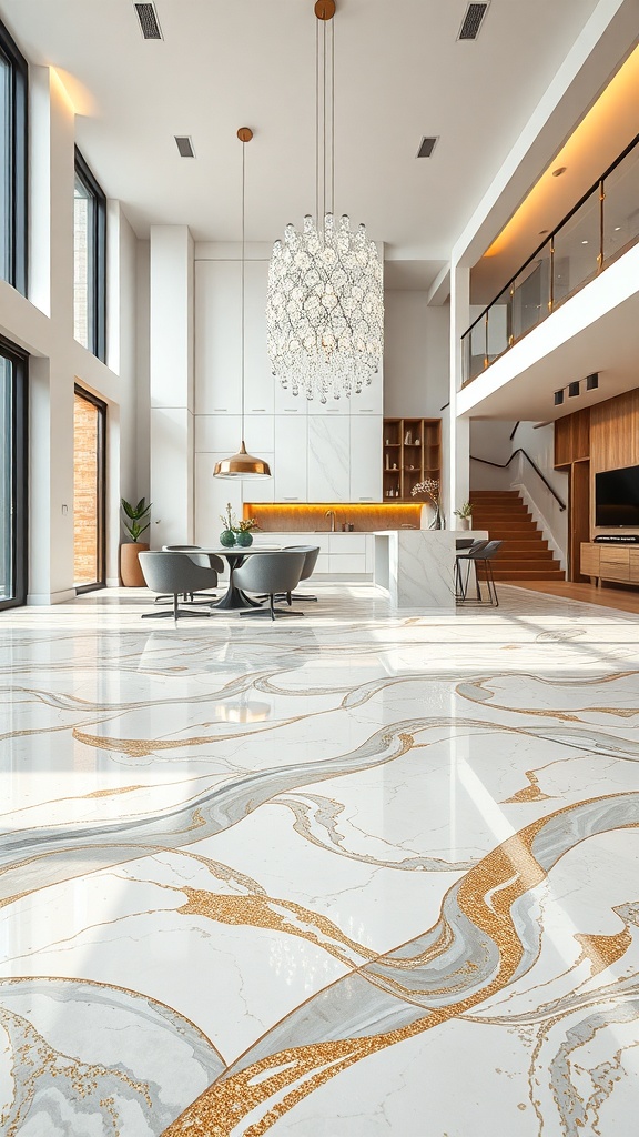 A modern interior featuring a marble epoxy floor with gold and gray swirling patterns, large windows, and elegant lighting.