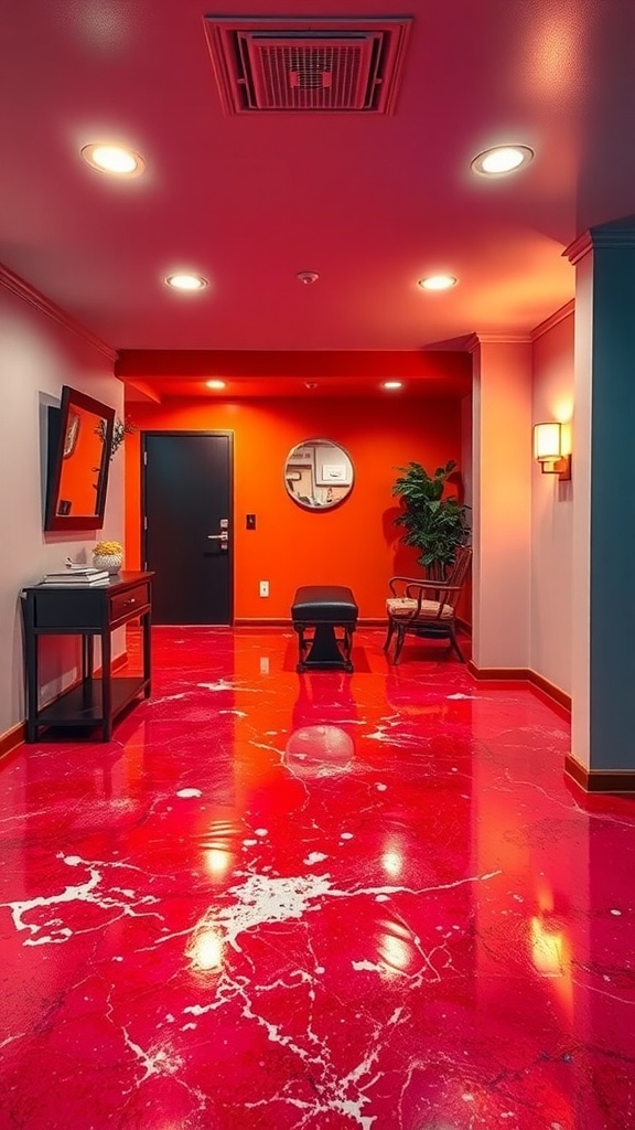 A living room with a bold geometric epoxy floor featuring orange, gray, and white patterns.