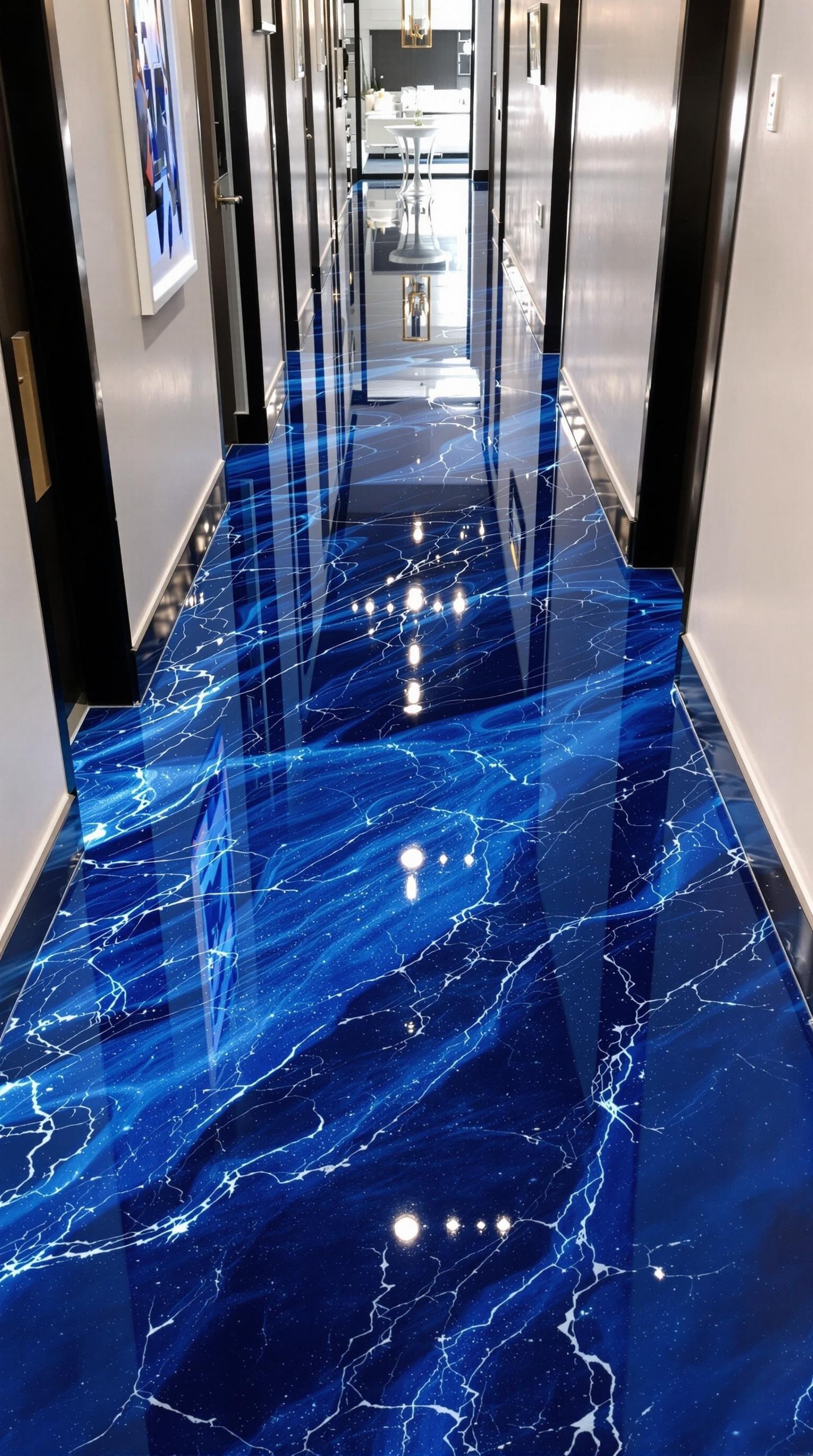 A hallway featuring glossy navy blue epoxy flooring with a swirling pattern.