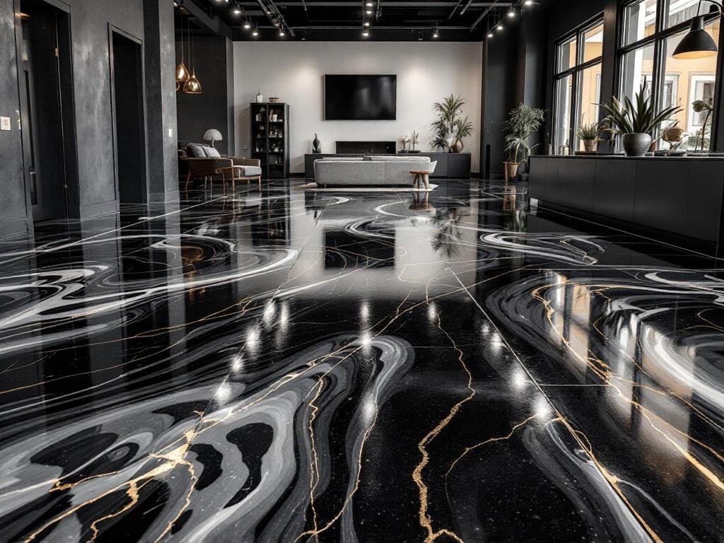An elegant nightfall epoxy floor with bold black and gold swirling patterns in a modern interior.