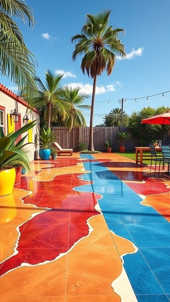 A colorful stamped epoxy patio with various patterns and a glossy finish.