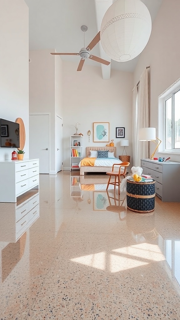 Bright and cheerful kids' room with shiny epoxy flooring