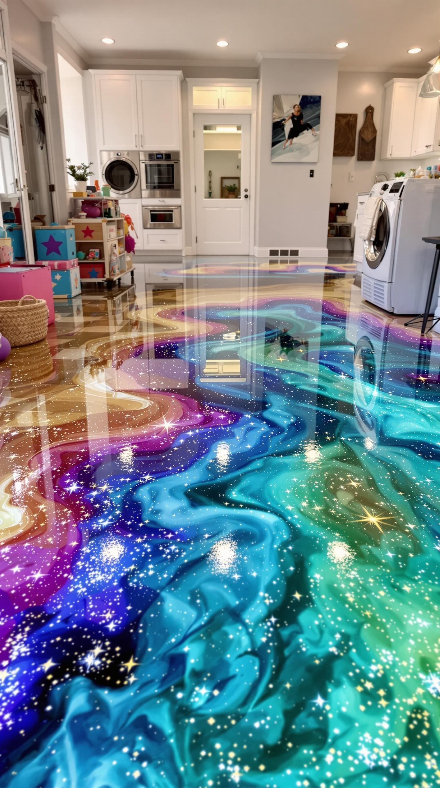 Colorful epoxy floor design resembling a galaxy in a playroom