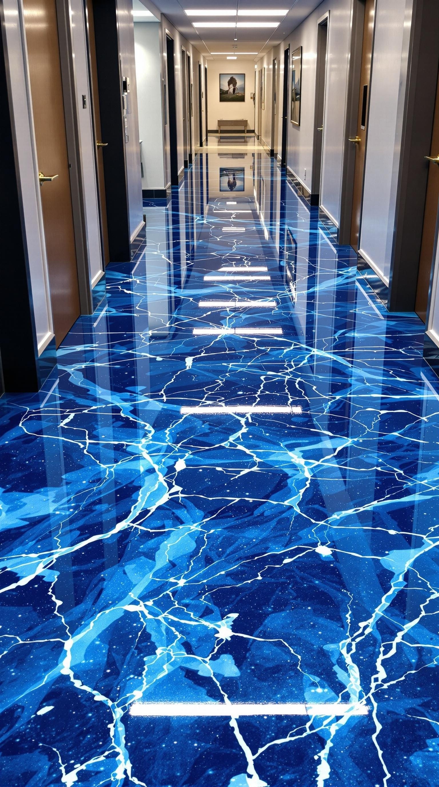 A hallway featuring bright blue epoxy flooring with white accents, showcasing a glossy finish.