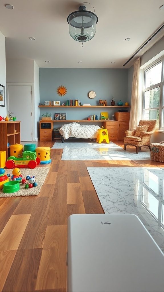 A bright and playful bedroom featuring colorful toys, warm wooden furniture, and an epoxy wood floor.
