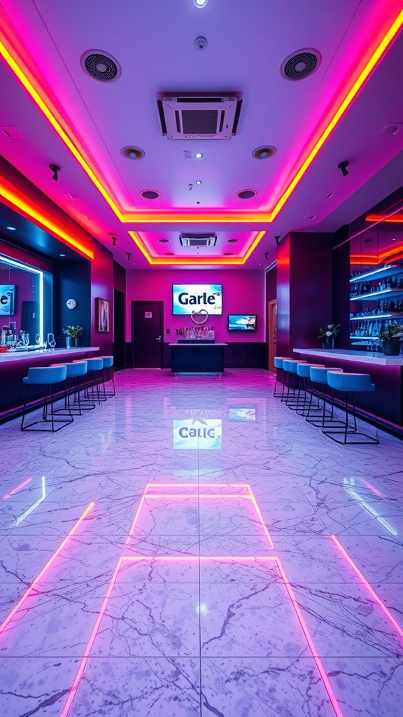 A vibrant bar interior featuring bright neon lighting and a glossy marble epoxy floor.