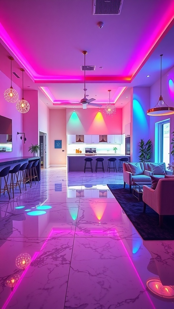 A modern living room with bright neon lights and a glossy marble-look epoxy floor.