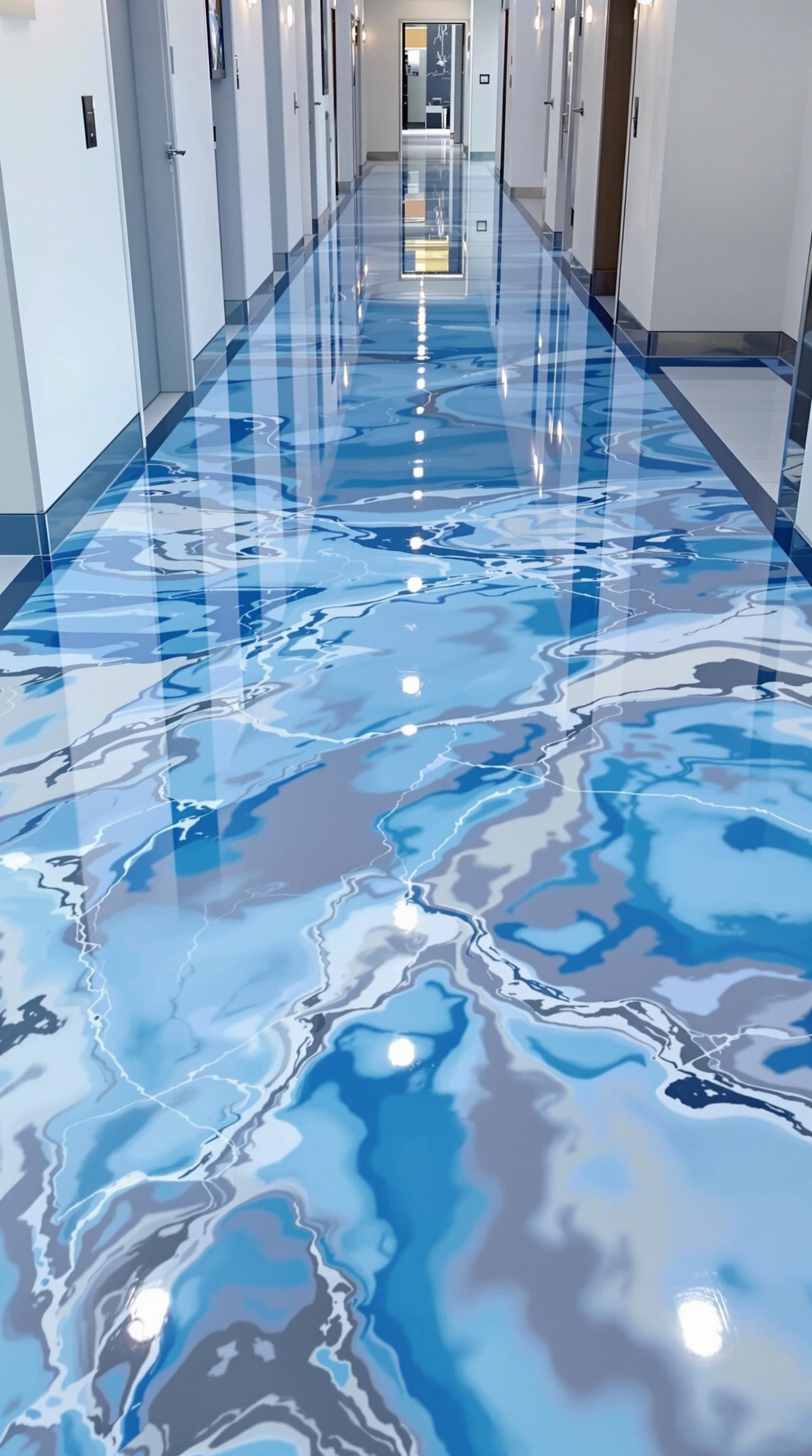 A hallway featuring bright sky blue epoxy flooring with a glossy finish.