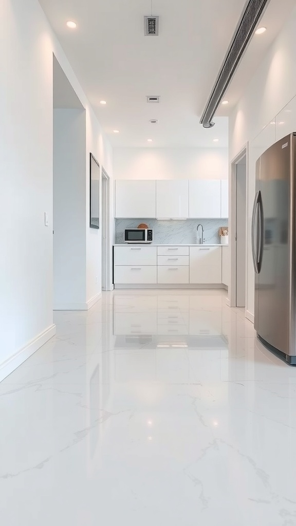 A modern kitchen with bright white epoxy flooring, showcasing a sleek and polished look.