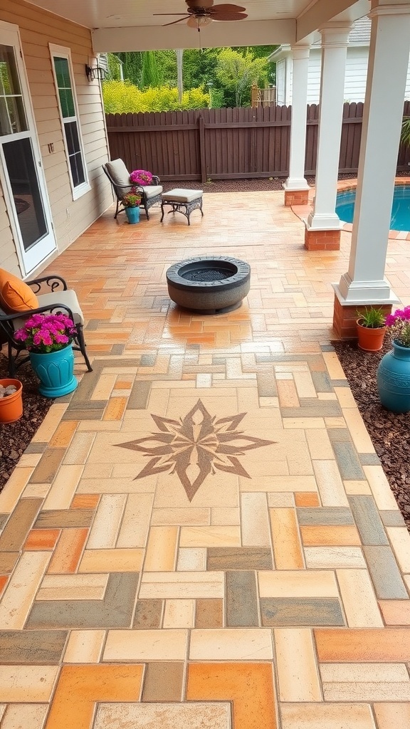 A beautifully designed patio featuring stamped concrete with colorful epoxy accents, surrounded by vibrant flowers and furniture.